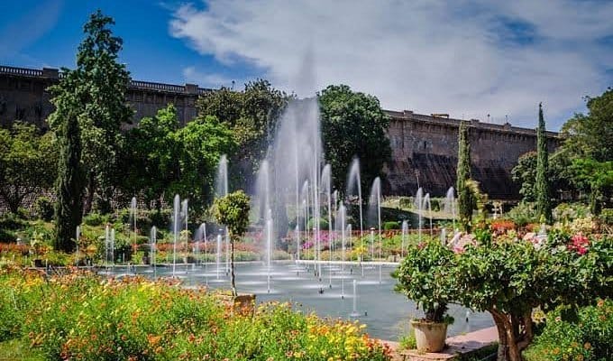 Musical fountain at Brindavan Gardens near Mysore, popular evening attraction Musical fountain at Brindavan Gardens near Mysore, popular evening attraction